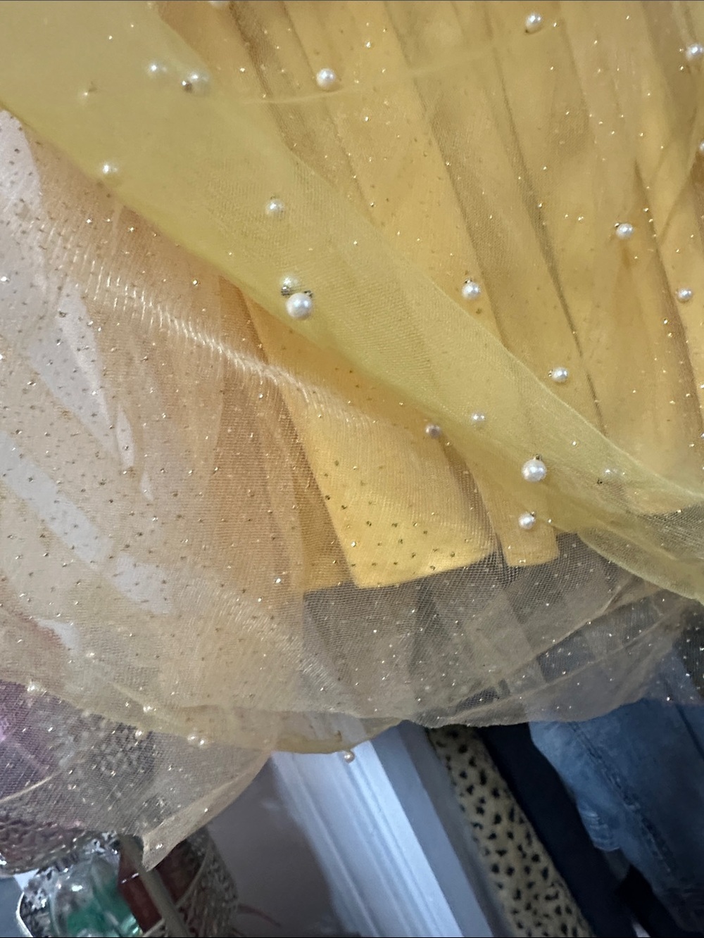 Vintage Yellow Pearl-Embellished Tulle Glitter Skirt - Picture 7 of 7